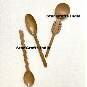 Ensemble d'ustensiles de cuisine japonais en bois naturel festonné, fourchette et cuillère avec long manche design, pour servir les salades. - Product Image 1