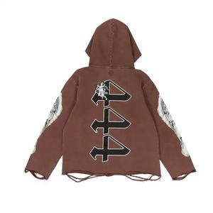 Y2K Streetwear Fashion Men Distressed Vintage Washed <b>Raw</b> Hem Cropped Hoodie French Terry 400 Gsm Oversize Unisex Hoodie Men - Product Image 2