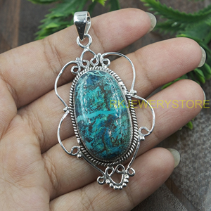 Pendentif en azurite chrysocolle naturelle, argent sterling 925, fait main, filigrane vintage, ovale, bijou cadeau pour femme - Product Image 3