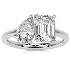 Toi Et Moi Two Stone Moissanite <b>Emerald</b> Cut Pear Cut Certified <b>Ring</b> 925 Sterling <b>Silver</b> White Gold Plated Luxury Engagement <b>Ring</b> - Product Image 1