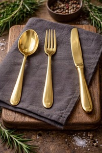 Ensemble de couverts modernes écologiques en métal et laiton pour la cuisine et la décoration de table de mariage, avec fourchette, cuillère et couteau à beurre miroir, pour usage de table - Product Image 6
