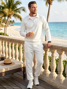Ensemble de survêtement pour homme, sweat-shirt blanc à demi-zip, couleur unie, coton, vêtements de jogging décontractés, manches longues, pantalon à cordon de serrage, coupe régulière - Product Image 6
