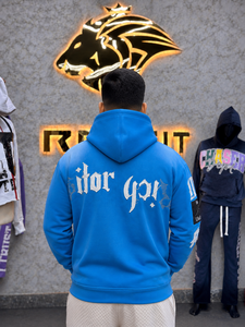 Sweat-shirt à capuche bleu pour homme, style streetwear oversize, avec impression de lettres sur le devant et rayures sur les manches, en coton French Terry. - Product Image 6