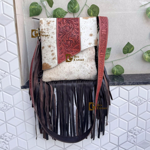 Wholesale Fashionable Real Cowhide Fur Hand <b>Tooled</b> <b>Leather</b> Sling Bag Carving Bohemian Bags Hot Selling Bags for Women Multi Uses - Product Image 1