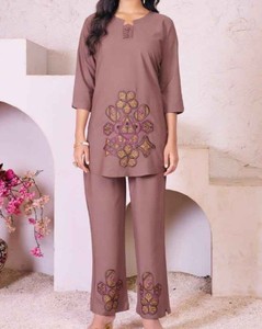 Women's Purple Embroidered Cotton Kurta <b>Set</b> Three Quarter Sleeve Loose Fit Floral Handwork Casual Wear Spring Summer - Product Image 4