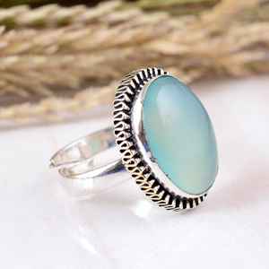 Vintage 925 <b>Silver</b> Aqua Chalcedony <b>Ring</b> Handmade Boho <b>Statement</b> Jewelry Wholesale Natural Stone Wide Band <b>Rings</b> - Product Image 2