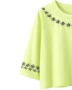 Camiseta Corta Verde Lima para Mujer, Estampado Floral, Manga Corta, Informal, Mezcla de Algodón Suave, Top de Verano para Mujer, Venta al Por Mayor - Product Image 4