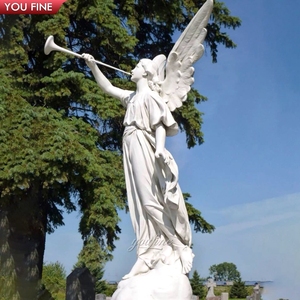 Statue d'ange en marbre blanc YOUFINE avec <span class=keywords><strong>trompette</strong></span>, sculpture d'ange ailé sculptée à la main pour la décoration de jardin - Product Image 2