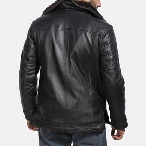 Men's Black Leather <b>Biker</b> <b>Jacket</b> With Faux Fur Lining Zipper Closure Windproof Winter Moto Coat Turn-down Collar Slim Fit - Product Image 2