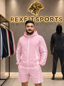 REXFIT SPORTS 2026 Custom <b>Women</b> Pink Nylon Tracksuit Set Hooded Windbreaker Jacket and <b>Long</b> <b>Shorts</b> Private Label Sportswear - Product Image 5