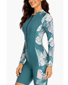 Combinaison de triathlon à manches longues pour femmes, imprimé floral turquoise, anti-UV, fermeture éclair intégrale - Product Image 4