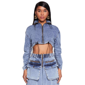 Wholesale Custom <b>Denim</b> <b>Cropped</b> Waterproof <b>Jacket</b> Zipper Closure Full Sleeve Turn-down Collar Utility Style Winter Autumn Women's - Product Image 1