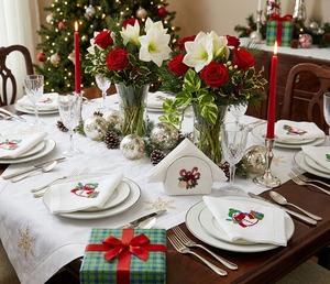 Servilleta de tela personalizada bordada Navidad muñeco de nieve cena servilleta Hemstitch servilletas de mesa hogar Hotel vacaciones - Product Image 4