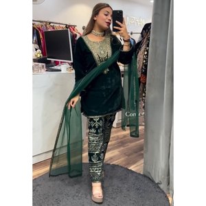 FANCY VISCOSE <b>VELVET</b> EMBROIDERY WORK TOP BOTTOM WITH DUPATTA <b>GREEN</b> - Product Image 1