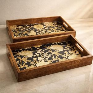 Rechteckiges Dekoratives Serviertablett aus Holz, Emailliert, Hitzebeständig, Blumenmuster, Wasserfest, Lackiert für Heim- und Restaurantgebrauch - Product Image 1