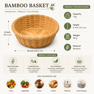 Cesta de Almacenamiento de Bambú Hecha a Mano, Redonda, Tejida, Multiusos, para el Hogar y la Cocina - Product Image 5