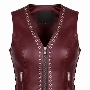 Women's Genuine <b>Leather</b> Motorcycle Vest Stylish V-Neck Biker Outerwear <b>Sleeveless</b> Zipper Closure Waterproof Windproof Fashion - Product Image 4