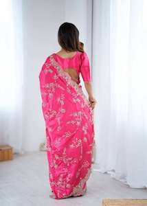 Sari indien élégant en satin de soie avec broderie de sequins, tenue traditionnelle pour mariage et fête, sari rose (HK 80) DC - Product Image 6