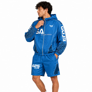 Chaqueta Cortavientos Azul con Capucha para Hombre, Marca Personalizada, con Cremallera y Pantalones Cortos a Juego, Traje Deportivo, Corte Regular, Ropa de Verano - Product Image 4