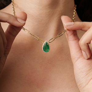 Hot Selling Products Classic Style 12x7 mm <b>Emerald</b> & Diamond Real K14 Yellow Gold Paperclip Chain Cluster <b>Pendant</b> Necklace - Product Image 2