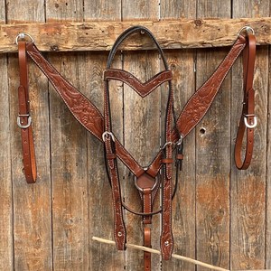 Luxury Handmade Tooled Leather Western Horse Tack Set Adjustable Headstall and Breast Collar Custom Design Available - Product Image 1