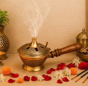 Brûleur d'encens en laiton fait main de qualité supérieure avec poignée en bois, porte-bakhoor indien, diffuseur d'aromathérapie, porte-encens - Product Image 5