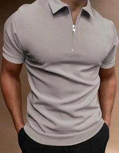 เสื้อโปโลแขนสั้นสีทึบสำหรับผู้ชายพร้อมซิปเสื้อถักลำลองสีน้ำตาล - Product Image 2