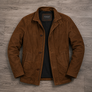 FURAT Men's Brown <b>Suede</b> <b>Leather</b> <b>Jacket</b> Stand Collar Zipper Closure Polyester Lining Vintage Coated Waterproof Casual Winter - Product Image 1