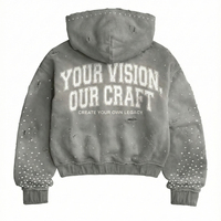 Hoodie Unisex Oversize Musim Dingin Streetwear Premium Custom Berhias Rhinestone, Bahan Fleece Katun 100% Tebal, Model Distressed dengan Ritsleting