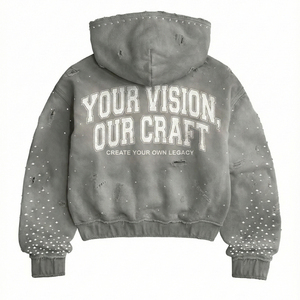 Sudadera con capucha de felpa 100% algodón, pesada, desgastada, con cremallera y pedrería de primera calidad, estilo streetwear, fabricante global a granel - Product Image 4