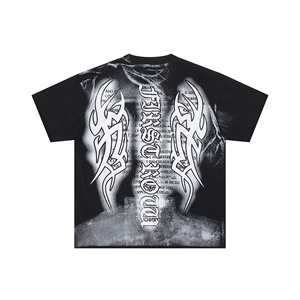 First Row American Street Style Cotton T-<b>shirt</b> Oversized Vintage Wash, <b>Black</b> & White Custom Print Short Sleeve - Product Image 2