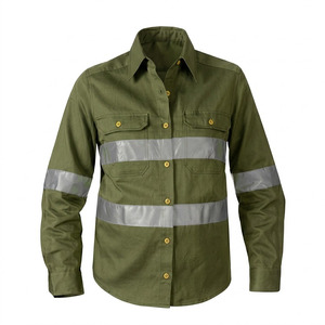 Custom Men's Olive Green Reflective Breathable Work Fashion Workwear Shirt and Pants Set High Visibility <b>Uniform</b> Cotton Material - Product Image 2