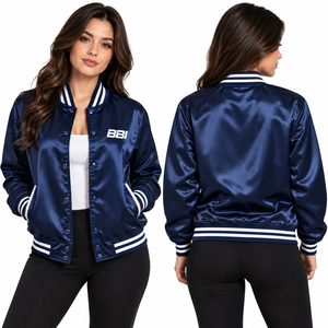 Veste universitaire personnalisée en satin pour femme, imperméable, à bouton unique, col montant, violet royal brillant, vente en gros, OEM, usine en gros - Product Image 2