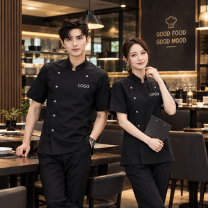 Veste de chef unisexe à manches courtes noire avec logo personnalisé, boutonnée sur le devant, uniforme de restaurant en sergé de polyester et coton, impression numérique, couture - Product Image 1
