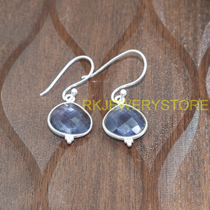 Pendientes Colgantes Hechos a Mano de Plata de Ley 925 con Iolita Natural, Engaste de Bisel Redondo Facetado, Joyería de Gancho Colgante, Regalo para Mujeres y Mamás - Product Image 6
