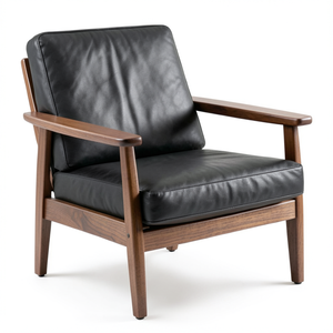 Sillón Moderno Negro con Tapicería de Cuero Vacuno Genuino, Estructura de Madera Marrón Natural, Sillón Premium para Sala de Estar - Product Image 1