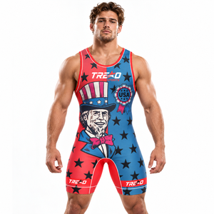 Combinaison de lutte patriotique personnalisée Uncle Sam pour hommes, rouge, bleu, étoiles, sublimation, combinaison de lutte d'équipe, logo personnalisé, OEM - Product Image 1