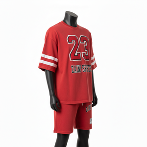 Conjunto de camiseta y pantalones cortos de algodón para hombre, duradero, suave al tacto, rojo y blanco, ropa informal, logotipo con apliques personalizados, conjunto de camiseta y pantalones cortos para hombre - Product Image 5