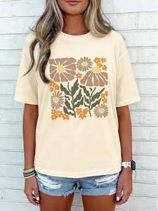 เสื้อยืดคอตตอน 100% พิมพ์ลายดอกไม้แบบสั่งทำ OEM สำหรับผู้หญิง ทรงโอเวอร์ไซส์ คอกลม สไตล์ลำลองสำหรับฤดูร้อน เสื้อทรงหลวมพื้นฐาน - Product Image 5