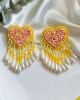 Anting-anting manik-manik bentuk bunga perhiasan pesta pola putih kuning oranye gaya Bohemia wanita