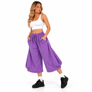 Shorts Harem pour femmes, violet, taille mi-haute, avec cordon de serrage, coupe ample, couleur unie, style streetwear, décontracté, jambe large, avec poches, en molleton - Product Image 5