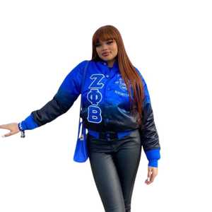 Chaqueta Bomber Negra Desgastada de Satén Zeta Phi Beta con Bordado de Chenille, Prenda de la Hermandad Griega, Unisex Premium - Product Image 3