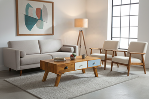 Modern <b>Scandinavian</b> Solid Mango Timber <b>Coffee</b> <b>Table</b> Multi-Colored Storage Drawers Strong Easy Assembly Retro Design Artisans Art - Product Image 2