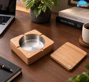 Cendrier carré en bois Woodyfull avec insert en acier inoxydable, design minimaliste pour une utilisation sur le bureau à la maison - Product Image 1