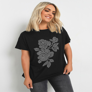 T-shirt ample pour femme en coton et élasthanne noir à clous floraux, manches courtes, col rond, ornements de haute qualité - Product Image 3