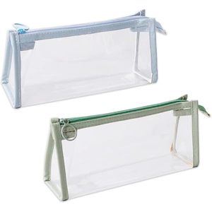 Custom Logo Durable <b>Clear</b> PE/PP/PVC Zipper <b>Bag</b> 22x10.5cm Resealable Travel Cosmetic Pouch Silk Screen Printed Light Blue Trim - Product Image 2