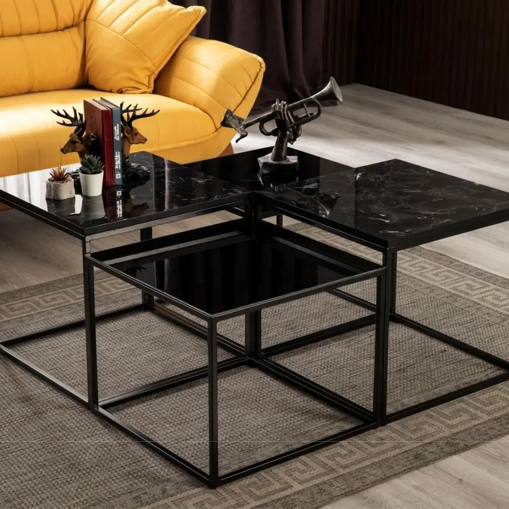 Schwarzer Metall glas moderner Couch tisch für Wohnzimmer dekorative Wohn möbel Wohnzimmer MADE IN TÜRKEI OEM FACTORY MADE