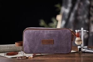 Double Zipper Leather Canvas Toiletry Bag Custom Logo Waterproof Travel Shaving Dopp Kit Cosmetic Organizer <b>Case</b> LCTB-0044E - Product Image 3