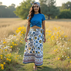 100% algodón puro gitano estilo bohemio falda envolvente para mujer borde grande vibrante azul amarillo follaje estampado hecho éticamente - Product Image 3