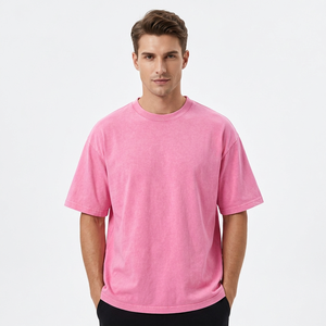 Camiseta Oversize Rosa de Algodón para Hombre, Casual, Cuello Redondo, Manga Corta, Color Liso, Tejido de Punto, Estilo Urbano - Product Image 2